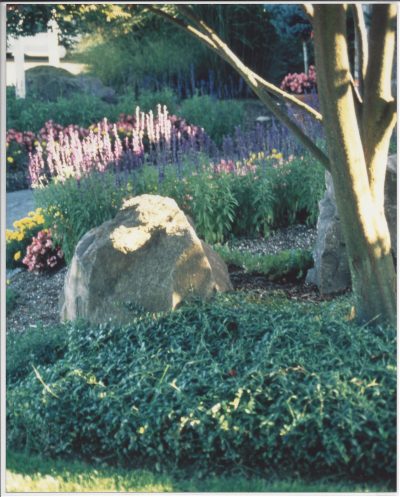 A landscape design done by professionals with large stone in a lush greens and colorful flowers